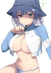Rule 34 | 1girl, arm up, bakonchi, bikini, blue archive, blue bikini, breasts, bucket hat, cleavage, halo, hat, large breasts, long sleeves, looking at viewer, navel, nose, official alternate costume, partially unzipped, purple hair, raglan sleeves, rash guard, saki (blue archive), saki (swimsuit) (blue archive), shaded face, short hair, simple background, solo, stomach, sweatdrop, swimsuit, underboob, white background, zipper