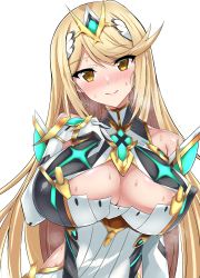 Rule 34 | 1girl, bare shoulders, binkan argento, blonde hair, blush, bodysuit, breasts, cleavage, cleavage cutout, clothing cutout, gem, gloves, hair ornament, halterneck, hand on own chest, headpiece, highres, jewelry, large breasts, looking at viewer, mythra (xenoblade), nervous, nintendo, smile, solo, sweat, sweatdrop, swept bangs, tiara, upper body, wet, xenoblade chronicles (series), xenoblade chronicles 2, yellow eyes
