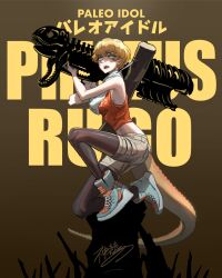 Rule 34 | 1girl, artist name, black pantyhose, blonde hair, blue eyes, blue footwear, breasts, brown background, brown shorts, brown tail, crop top, dinosaur girl, dinosaur tail, full body, glowing, glowing eyes, highres, holding, holding weapon, kamitoge supino, lizard tail, looking at viewer, m1 bazooka, medium breasts, midriff, on one knee, open mouth, original, pantyhose, red shirt, rocket launcher, sharp teeth, shirt, shoes, short hair, shorts, signature, sleeveless, sneakers, solo, tail, teeth, weapon