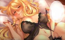 Rule 34 | 1girl, babydoll, bare legs, bare shoulders, bed, bikini, black panties, blonde hair, blush, breasts, camisole, camisole lift, cleavage, clothes lift, earrings, fairy tail, jewelry, knees, long hair, looking at viewer, lucy heartfilia, lying, nails, nipples, panties, panty pull, pillow, presenting, revealing clothes, sexually suggestive, side-tie bikini bottom, spread legs, swimsuit, thighs, third-party edit, transparent, underwear, yellow eyes