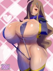 Rule 34 | 1girl, ahoge, artist name, ass, breasts, brown hair, closed mouth, eyebrows, eyelashes, female focus, hair over one eye, hands on breasts, huge breasts, kono subarashii sekai ni shukufuku wo!, large breasts, long hair, looking at viewer, low wings, mature female, nananana, purple eyes, simple background, slingshot swimsuit, smile, solo, standing, swimsuit, thick thighs, thighhighs, thighs, wide hips, wings, wiz (konosuba)