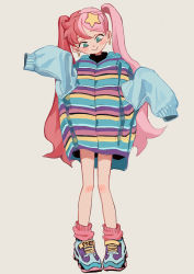 Rule 34 | 1girl, :&gt;, blue footwear, blush, copyright request, earrings, fkey, full body, green eyes, grey background, hair ornament, hands up, head tilt, highres, jewelry, long hair, long sleeves, looking down, pigeon-toed, pink hair, pink socks, poncho, shoes, signature, simple background, sleeves past fingers, sleeves past wrists, smile, socks, solo, standing, star (symbol), star hair ornament, twintails, very long hair
