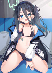 Rule 34 | 1girl, :d, absurdres, aris (blue archive), bikini, black bikini, black hair, blue archive, blue eyes, blush, breasts, collarbone, commentary, couch, hair between eyes, hairband, halo, highres, jacket, long hair between eyes, looking at viewer, mikan (user negv3532), navel, on couch, one side up, open clothes, open jacket, open mouth, pillow, sitting, small breasts, smile, solo, swimsuit, wariza
