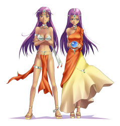 Rule 34 | 2girls, anklet, armlet, asymmetrical clothes, bad id, bad pixiv id, bangle, bare shoulders, belly chain, bikini, bikini top only, bracelet, breasts, choker, collarbone, crossed arms, crystal ball, dark-skinned female, dark skin, dragon quest, dragon quest iv, dress, earrings, folding fan, frown, full body, hand fan, jewelry, loincloth, long hair, looking at viewer, lots of jewelry, manya (dq4), minea (dq4), multiple girls, navel, pelvic curtain, purple eyes, purple hair, sandals, shadow, siblings, simple background, single-shoulder dress, single sleeve, sisters, swimsuit, tiara, twins, white background, yaya (tempering)