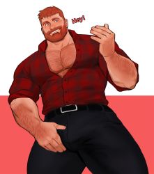 Rule 34 | 1boy, bara, beard, belt, black belt, black pants, blue eyes, bulge, chest hair, commentary, dopey (dopq), facial hair, highres, large pectorals, male focus, mature male, muscular, muscular male, open mouth, original, pants, partially unbuttoned, pectoral cleavage, pectorals, red hair, red shirt, shirt, smile, solo