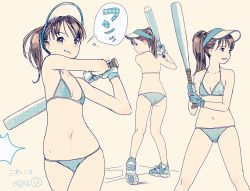 1girl :t baseball baseball_bat bikini black_hair blue_bikini dated female_focus highres holding holding_baseball_bat kokudou_juunigou navel photo-referenced ponytail shoes solo swimsuit visor_cap