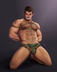 Rule 34 | 1boy, absurdres, arms behind back, bara, black hair, bound, bound arms, bulge, chest hair, chris redfield, facial hair, gabo art, gagged, green male underwear, highres, kneeling, large pectorals, leg hair, male focus, male underwear, muscular, muscular male, navel, nipples, pectorals, resident evil, resident evil village, rope, short hair, solo, torn clothes, torn underwear, underwear