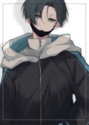 Rule 34 | 1boy, black hair, black jacket, blue eyes, blue lock, closed mouth, highres, hood, hood down, itoshi rin, jacket, long sleeves, looking at viewer, male focus, mask, mouth mask, natsuneco 02, short hair, solo, upper body, white background, white jacket