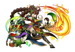 Rule 34 | 1girl, baozi, braid, brown hair, chinese clothes, food, green eyes, guan yinping (p&amp;d), hair ornament, ikeya (higumake), looking at viewer, naginata, official art, open mouth, polearm, puzzle &amp; dragons, simple background, smile, solo, twin braids, weapon, white background, winron