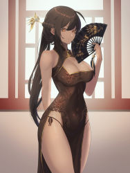 Rule 34 | 1girl, absurdres, bare arms, bare shoulders, black panties, braid, breasts, brown dress, brown hair, cleavage, cleavage cutout, closed mouth, clothing cutout, covered navel, cowboy shot, dress, folded ponytail, hair ornament, hair stick, hand fan, highres, holding, holding fan, indoors, large breasts, long hair, looking at viewer, orange eyes, original, panties, pelvic curtain, side-tie panties, sleeveless, sleeveless dress, smile, solo, tassel, un lim, underwear, v-shaped eyebrows, very long hair, window