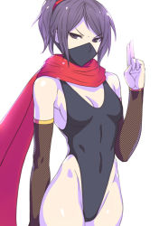Rule 34 | 1girl, arm warmers, black eyes, black one-piece swimsuit, breasts, covered mouth, covered navel, hai (h81908190), highleg, highleg swimsuit, mask, medium breasts, mouth mask, ninja, ninja mask, one-piece swimsuit, original, ponytail, purple hair, red scarf, scarf, short hair, simple background, solo, swimsuit, white background