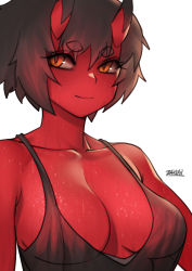 Rule 34 | 1girl, black hair, black tank top, breasts, cleavage, closed mouth, collarbone, colored skin, commentary, horns, kidouko (zakusi), looking at viewer, medium breasts, oni, oni horns, orange eyes, original, red horns, red oni, red skin, short hair, signature, simple background, slit pupils, smile, solo, sweat, symbol-only commentary, tank top, thick eyebrows, upper body, white background, zakusi