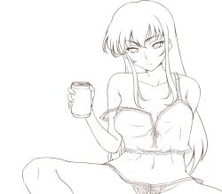 Rule 34 | 00s, 1girl, alcohol, beer, beer can, breasts, camisole, can, drink can, greyscale, hairu, lineart, long hair, looking at viewer, monochrome, nightgown, osakabe itoko, panties, school rumble, simple background, solo, teacher, underwear, white background