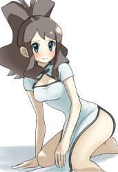 Rule 34 | 1girl, alternate costume, antenna hair, arm support, asamaru1225, blush, breasts, brown hair, china dress, chinese clothes, cleavage, closed mouth, creatures (company), dress, eyelashes, game freak, green eyes, high ponytail, highres, hilda (pokemon), long hair, looking at viewer, medium breasts, nintendo, pokemon, pokemon bw, sidelocks, solo, white background, white dress