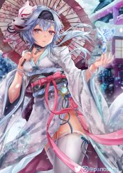 Rule 34 | 1girl, alternate costume, blurry, bracelet, breasts, choker, cleavage, commentary, depth of field, english commentary, eula (genshin impact), genshin impact, grey eyes, hair between eyes, hair ornament, hairband, highres, holding, holding umbrella, ice crystal, japanese clothes, jewelry, kimono, long hair, long sleeves, looking at viewer, mask, mask on head, obi, oil-paper umbrella, panos (ssgpanos), ribbon-trimmed legwear, ribbon trim, sash, sidelocks, snowing, solo, stone lantern, thighhighs, torii, twitter username, umbrella, vision (genshin impact), white thighhighs, wide sleeves, wind
