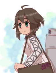 Rule 34 | 10s, 1girl, 2015, 4suke, ahoge, alternate eye color, alternate hair color, aqua eyes, artist name, bag, blush, brown hair, commentary request, dated, hair between eyes, handbag, hayasui (kancolle), jacket, kantai collection, long sleeves, simple background, smile, solo, track jacket, white background, zipper