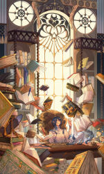 Rule 34 | 1boy, absurdres, animal ears, blue hair, book, chair, closed eyes, familiar, floating, floating object, globe, gradient hair, highres, indoors, keikoku (kujira), male focus, messy hair, multicolored hair, open mouth, original, parted lips, pen, quill, scenery, scroll, sitting, table, telekinesis, white hair, window