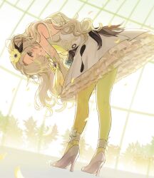 Rule 34 | 1girl, bare shoulders, bent over, boyano, detached sleeves, dress, from behind, full body, grey hair, hair over one eye, high heels, highres, isekai joucho, kamitsubaki studio, long hair, long sleeves, looking at viewer, looking back, pantyhose, parted lips, petals, petticoat, shoes, sleeveless, sleeveless dress, solo, very long hair, virtual youtuber, white dress, white footwear, white sleeves, yellow pantyhose