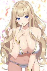 Rule 34 | 1girl, bare shoulders, bikini, blonde hair, blue eyes, bracelet, breasts, cleavage, closed mouth, collarbone, commentary request, confetti, dolphin wave, earrings, gluteal fold, gold bracelet, gold trim, highres, hoop earrings, index finger raised, jewelry, kirahoshi kanna, large breasts, leaning forward, long hair, looking at viewer, navel, single earring, smile, solo, stomach, surippa1010, swimsuit, very long hair, white bikini