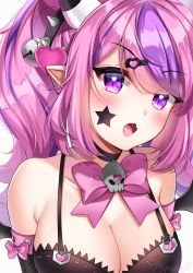 Rule 34 | 1girl, bell, black choker, black gloves, black shirt, blush, bow, breasts, choker, cleavage, commentary, demon girl, demon horns, demon wings, facial tattoo, fang, gloves, hair ornament, hairclip, heart, heart hair ornament, heart tattoo, highres, horns, ironmouse, ironmouse (pink rock), jingle bell, large breasts, long hair, looking at viewer, multicolored hair, myusagii, open mouth, pink bow, pink hair, pointy ears, purple eyes, purple hair, shirt, skin fang, skull, streaked hair, tattoo, twintails, virtual youtuber, vshojo, wings