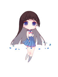 Rule 34 | 1girl, absurdres, black hair, black socks, blue eyes, blue petals, blue sailor collar, blue skirt, chibi, commentary, highres, kneehighs, long hair, long sleeves, looking at viewer, no mouth, original, pleated skirt, red neckwear, sailor collar, shirt, simple background, skirt, sleeves past wrists, socks, solo, sylvia (huajiuhuajiu), symbol-only commentary, very long hair, white background, white shirt