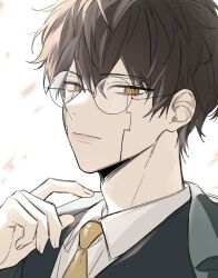 Rule 34 | 1boy, brown hair, closed mouth, collared shirt, facial mark, glasses, highres, i rose meen, mashle, necktie, orter madl, shirt, short hair, solo, upper body, white shirt, yellow eyes, yellow necktie