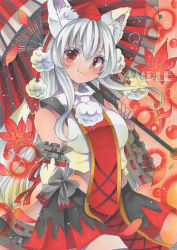 Rule 34 | absurdres, animal ears, autumn leaves, bare shoulders, black skirt, breasts, commentary, commentary request, detached sleeves, fang, hat, highres, inubashiri momiji, large breasts, long hair, looking at viewer, maccha xxxxxx, marker (medium), medium skirt, midriff, multicolored clothes, multicolored skirt, parasol, pom pom (clothes), red eyes, red skirt, sample watermark, shirt, silver hair, skirt, sleeveless, sleeveless shirt, tail, tokin hat, touhou, traditional media, turtleneck, umbrella, very long hair, watermark, white shirt, wolf ears, wolf tail