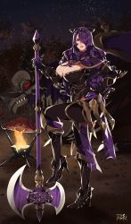 Rule 34 | 1girl, absurdres, armor, axe, breast cutout, breasts, camilla (fire emblem), dragon, fire, fire emblem, fire emblem fates, full body, hair ornament, hair over one eye, hand on own hip, high heels, highres, holding, holding axe, holding weapon, large breasts, long hair, looking at viewer, night, night sky, nintendo, parted lips, planted, planted axe, purple hair, r3dfive, sky, solo, weapon