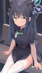 Rule 34 | 1girl, animal ears, black dress, black hair, blue archive, blue halo, blush, chinese clothes, closed mouth, dress, extra ears, feet out of frame, green eyes, halo, highres, long hair, short sleeves, shun (blue archive), shun (small) (blue archive), sitting, smile, solo, thighhighs, toketa-sekai, twitter username, two side up, white thighhighs
