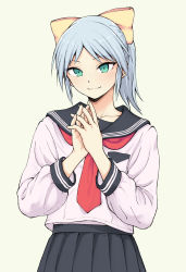 Rule 34 | 1girl, absurdres, aqua eyes, black skirt, blue hair, bow, collarbone, commentary, english commentary, hair bow, highres, light blue hair, long sleeves, looking at viewer, medium hair, necktie, original, own hands together, parted bangs, pas (paxiti), pleated skirt, ponytail, red necktie, school uniform, serafuku, skirt, solo, yellow bow