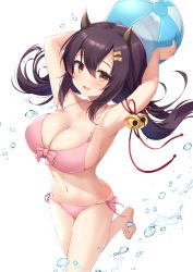 Rule 34 | 1girl, amakarashi, armpits, arms up, azur lane, ball, barefoot, beachball, bell, bikini, black hair, breasts, brown eyes, cleavage, collarbone, commentary request, commission, feet, hair between eyes, hair ornament, hairclip, highres, holding, holding ball, horns, large breasts, long hair, looking at viewer, nagara (azur lane), navel, open mouth, pink bikini, pixiv commission, side-tie bikini bottom, sidelocks, simple background, smile, solo, standing, standing on one leg, stomach, swimsuit, toes, water drop, white background