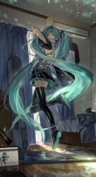 Rule 34 | 1girl, absurdres, air conditioner, aqua eyes, aqua hair, aqua nails, aqua necktie, bed, black footwear, black skirt, black sleeves, boots, computer, crack of light, curtains, day, detached sleeves, dumbbell, floating, floating hair, full body, grey shirt, hair ornament, hataya, hatsune miku, headphones, highres, indoors, laptop, leg up, long hair, long sleeves, looking at viewer, miniskirt, nail polish, necktie, one eye closed, open mouth, outstretched arms, pleated skirt, shirt, unworn shirt, skirt, sleeveless, sleeveless shirt, smile, solo, spread arms, teeth, thigh boots, twintails, upper teeth only, very long hair, vocaloid