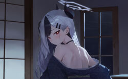 Rule 34 | 1girl, absurdres, back, bare shoulders, black hair, black horns, black kimono, blue archive, blush, closed mouth, commentary, demon horns, door, from behind, grey hair, grey halo, halo, highres, horns, indoors, japanese clothes, kayoko (blue archive), kayoko (new year) (blue archive), kimono, long hair, looking at viewer, looking back, multiple views, obi, official alternate costume, red eyes, sash, shouji, sliding doors, solo, toi1et paper, upper body
