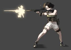 Rule 34 | 1girl, absurdres, black gloves, breasts, brown eyes, brown hair, fingerless gloves, firing, full body, gloves, grey background, gun, highres, knife, medium breasts, medium hair, military, original, pouch, rifle, seriousman, sheath, sheathed, shoes, shorts, solo, standing, thigh strap, weapon, white shorts, wristband