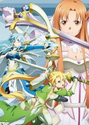 Rule 34 | 3girls, armor, armored dress, armpit cutout, armpits, arrow (projectile), asuna (stacia), blonde hair, blue armor, blue eyes, blue hair, bow (weapon), braid, breastplate, breasts, brown eyes, brown hair, cleaned, cleavage, closed mouth, clothing cutout, detached collar, dress, faulds, floating hair, french braid, garter straps, gloves, green eyes, green gloves, green legwear, hair between eyes, hair intakes, hair tubes, highres, holding, holding arrow, holding bow (weapon), holding sword, holding weapon, leafa (terraria), leg up, long hair, medium breasts, multiple girls, official art, open mouth, ponytail, short hair with long locks, sidelocks, sinon (solus), smile, sword, sword art online, sword art online: alicization, thighhighs, v-shaped eyebrows, very long hair, weapon, white armor, white dress
