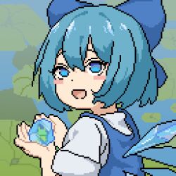 Rule 34 | 1girl, blue bow, blue dress, blue eyes, blue hair, blush stickers, bow, cirno, detached wings, dress, from behind, frozen frog, hair between eyes, hair bow, happy, ice, ice wings, looking at viewer, looking back, open mouth, pinafore dress, pixel art, shilaimu cankuai, shirt, short hair, short sleeves, sleeveless dress, solo, touhou, upper body, white shirt, wings