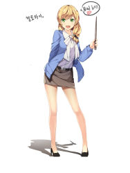 Rule 34 | 1girl, :d, absurdres, arm behind back, belt, belt buckle, black belt, black footwear, blonde hair, blue jacket, blush, bow, bowtie, breasts, brown skirt, buckle, ellen baker, english text, full body, green eyes, hair ornament, hair over shoulder, hair tie, hallohi, heart, high heels, highres, holding, holding wand, jacket, legs apart, long hair, long sleeves, looking at viewer, miniskirt, new horizon, open clothes, open jacket, open mouth, ponytail, pumps, shadow, shirt, shoes, skirt, smile, solo, speech bubble, standing, wand, white bow, white bowtie, white shirt