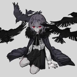 Rule 34 | 1girl, bird, black nails, bow, center frills, cloak, commission, crow, expressionless, flock, frilled shirt, frills, grey hair, hair ornament, hairclip, hood, hooded cloak, kneeling, limited palette, long sleeves, looking up, medium hair, nail polish, on ground, original, pixiv commission, pleated skirt, red eyes, satou uzura, shirt, simple background, skirt, white background