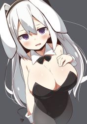 Rule 34 | 1girl, abarabone, absurdres, animal ears, bare shoulders, blush, bow, bowtie, breasts, cleavage, demon tail, detached collar, fake animal ears, grey background, grey pantyhose, highres, large breasts, leotard, long hair, looking at viewer, open mouth, original, pantyhose, playboy bunny, purple eyes, rabbit ears, silver hair, solo, tail, wrist cuffs