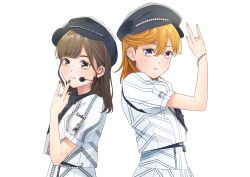 Rule 34 | 2girls, \m/, back-to-back, black hat, black nails, brown eyes, brown hair, commentary request, date sayuri, dress, earrings, hair between eyes, hand up, hat, headset, highres, jewelry, looking at viewer, love live!, love live! superstar!!, medium hair, multiple girls, orange hair, parted lips, puffy short sleeves, puffy sleeves, purple eyes, ring, second sparkle, shibuya kanon, short sleeves, standing, swept bangs, upper body, voice actor, voice actor connection, wabe417, white background, white dress, zipper