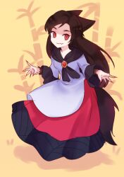 Rule 34 | 1girl, animal ears, bamboo, brooch, brown hair, dress, fang, fingernails, highres, himuhino, imaizumi kagerou, jewelry, long sleeves, puffy long sleeves, puffy sleeves, red eyes, red nails, sharp fingernails, skin fang, smile, solo, tail, touhou, wolf ears, wolf girl, wolf tail, yellow background