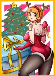 Rule 34 | 1girl, antlers, ass, christmas tree, elbow gloves, gloves, horns, leotard, mifenami, nami (one piece), one piece, orange hair, pantyhose, red gloves, red leotard, shoulder tattoo, tattoo, tongue, tongue out