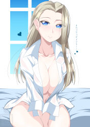Rule 34 | 1girl, blonde hair, blue eyes, blush, bottomless, breasts, clara (girls und panzer), cleavage, closed mouth, girls und panzer, heart, highres, ichijou takakiyo, large breasts, long hair, looking at viewer, naked shirt, navel, no panties, on bed, open clothes, open shirt, shirt, sitting, smile, solo, white shirt