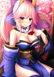 Rule 34 | 10s, 1girl, :q, alcohol, animal ears, blue bow, blue thighhighs, blush, bow, breasts, bust cup, cherry blossoms, cup, detached sleeves, fate/extra, fate (series), fox ears, fox tail, hair bow, hair flaps, holding, holding cup, japanese clothes, large breasts, long hair, looking at viewer, outdoors, over-kneehighs, pelvic curtain, pink hair, pouring, sakazuki, sake, sidelocks, sitting, smile, solo, tail, tamamo no mae (fate/extra), thighhighs, thighs, tongue, tongue out, toshi (1-147), tree, twintails, yellow eyes