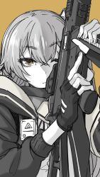 Rule 34 | 1girl, brown background, brown eyes, fingerless gloves, girls&#039; frontline, gloves, greyscale with colored background, gun, h&amp;k ump, hair between eyes, highres, holding, holding gun, holding weapon, jacket, long hair, magazine (weapon), monochrome, nakiusagi, one eye closed, scar, scar across eye, simple background, solo, spot color, submachine gun, trigger discipline, ump45 (girls&#039; frontline), weapon