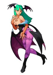 Rule 34 | 1990s (style), 1girl, absurdres, animal print, armpits, bare shoulders, bat print, bat wings, bengus, black footwear, black leotard, black wings, blunt bangs, blunt ends, boots, breasts, bridal gauntlets, capcom, cleavage, clothing cutout, demon girl, feathers, from side, full body, green eyes, green hair, hand on own chest, head wings, heart cutout, high heel boots, high heels, highleg, highleg leotard, highres, large breasts, leaning forward, leotard, long hair, looking at viewer, low wings, medium breasts, morrigan aensland, multiple wings, non-web source, official art, pantyhose, parted lips, print pantyhose, purple pantyhose, purple wings, retro artstyle, simple background, solo, standing, vampire (game), vampire savior: the lord of vampire, white background, wings