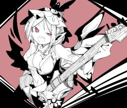 Rule 34 | 1girl, animal ears, bird ears, bird wings, blush, breasts, electric guitar, guitar, hat, highres, holding, holding instrument, instrument, large breasts, long sleeves, massakasama, music, mystia lorelei, open mouth, pink eyes, playing instrument, shirt, short hair, skirt, solo, spot color, teeth, touhou, upper teeth only, winged hat, wings