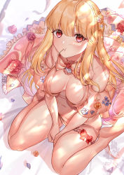 Rule 34 | 1girl, absurdres, ahoge, blonde hair, blush, bow legwear, breasts, cherry, clothing aside, dress, dress flower, flower, food, fruit, hair flower, hair ornament, highres, large breasts, long hair, looking at viewer, moe2021, navel, nipples, open mouth, original, panties, panties aside, petals, pink dress, pink panties, red eyes, seiza, sitting, solo, te100411-9685, underwear