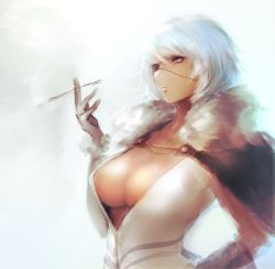Rule 34 | 1girl, bad id, bad tumblr id, blue eyes, breasts, cape, closed mouth, commentary request, copyright request, eyepatch, gloves, hand on own hip, highres, hometa, large breasts, one eye covered, parted lips, short hair, sketch, smoking pipe, solo, upper body, white hair