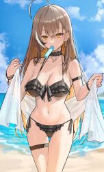 Rule 34 | 1girl, absurdres, ahoge, archinoer, beach, bikini, blush, breasts, brown eyes, brown hair, choker, cleavage, earrings, feather hair ornament, feathers, frilled bikini, frilled choker, frills, front-tie bikini top, front-tie top, hair ornament, hairclip, highres, hololive, hololive english, jewelry, large breasts, long hair, looking at viewer, multicolored hair, nanashi mumei, outdoors, shawl, side-tie bikini bottom, solo, streaked hair, swimsuit, thigh gap, thigh strap, very long hair, virtual youtuber, wet